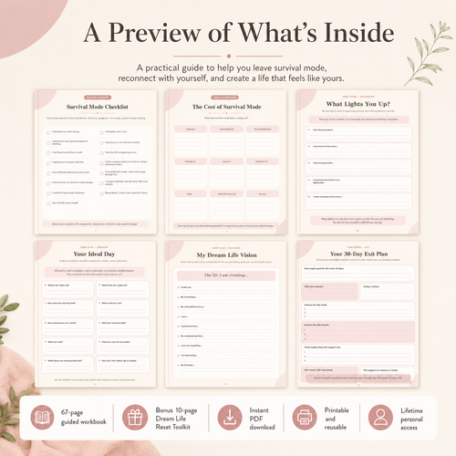 A digital preview graphic for a printable survival mode guide, showing six interior page layouts arranged in a grid on a soft blush background. The text at the top reads 'A Preview of What's Inside' and the pages feature headings like 'Survival Mode Checklist,' 'The Cost of Survival Mode,' 'What Lights You Up?', 'Your Ideal Day,' 'My Dream Life Vision,' and 'Your 30 Day Exit Plan.