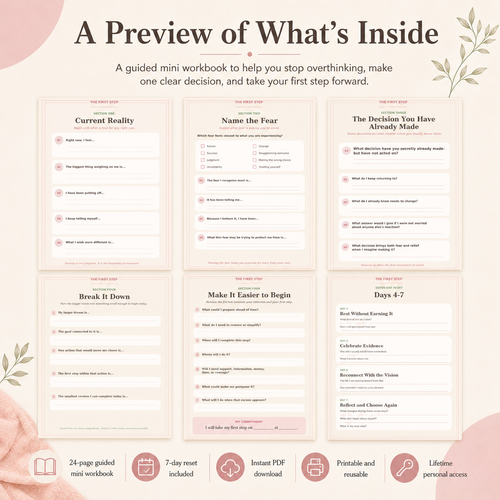 A digital preview graphic for a guided mini workbook titled 'A Preview of What's Inside' with six sample worksheet pages arranged in a grid on a soft blush background. The pages feature neutral beige and white layouts with black text and small pink accents.